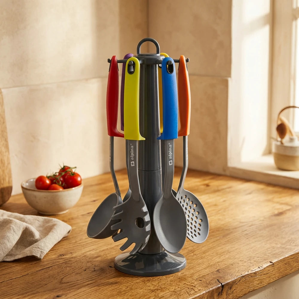 Set Utensili da Cucina Alpina 7 Pezzi in Nylon con Supporto e Manici Colorati