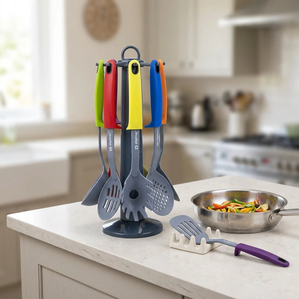 Set Utensili da Cucina Alpina 7 Pezzi in Nylon con Supporto e Manici Colorati
