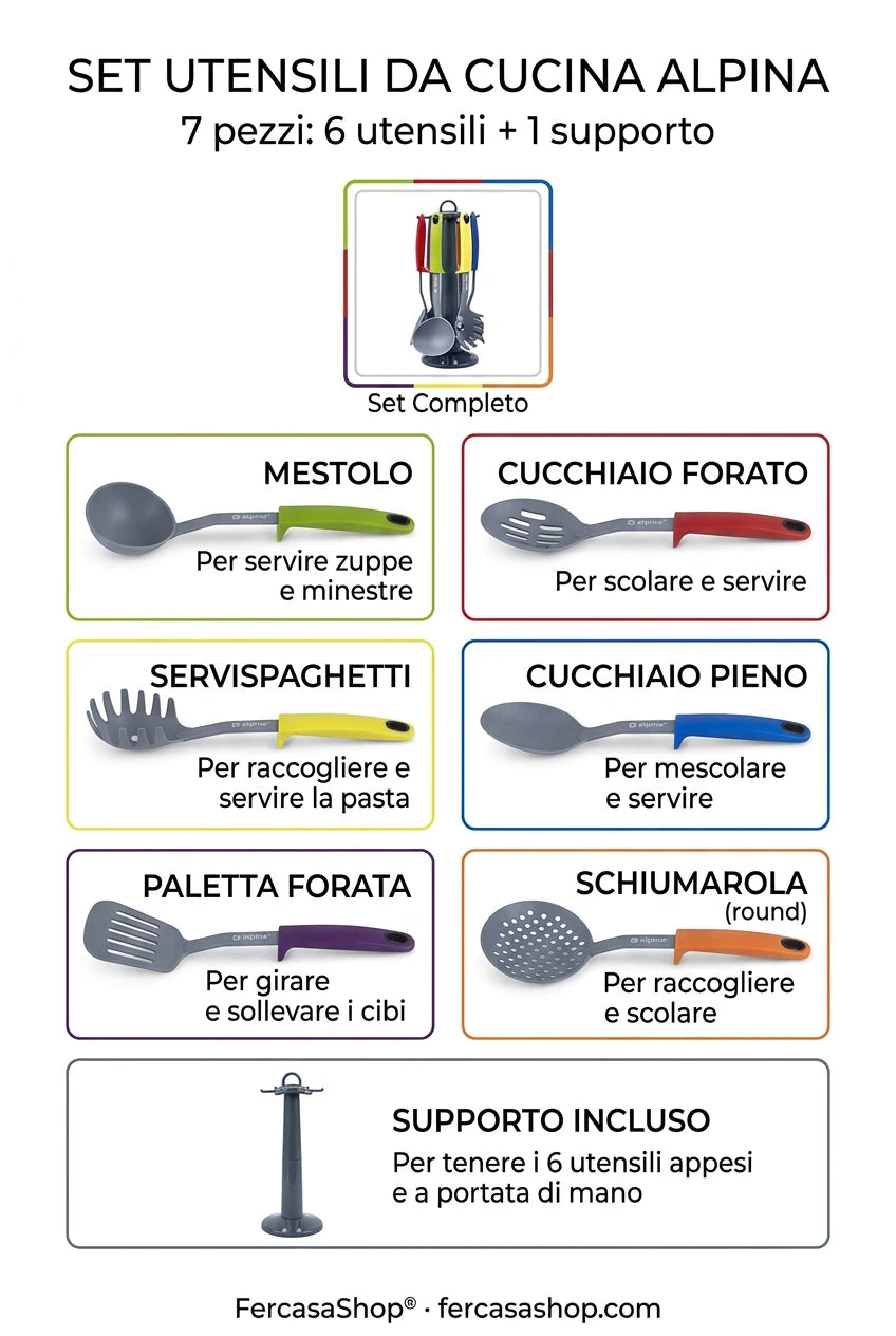 Set Utensili da Cucina Alpina 7 Pezzi in Nylon con Supporto e Manici Colorati