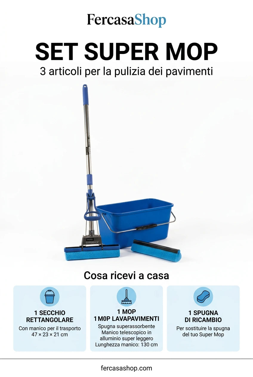 Set Pulizia Pavimento Super Mop con Secchio rettangolare e ricambio spugna