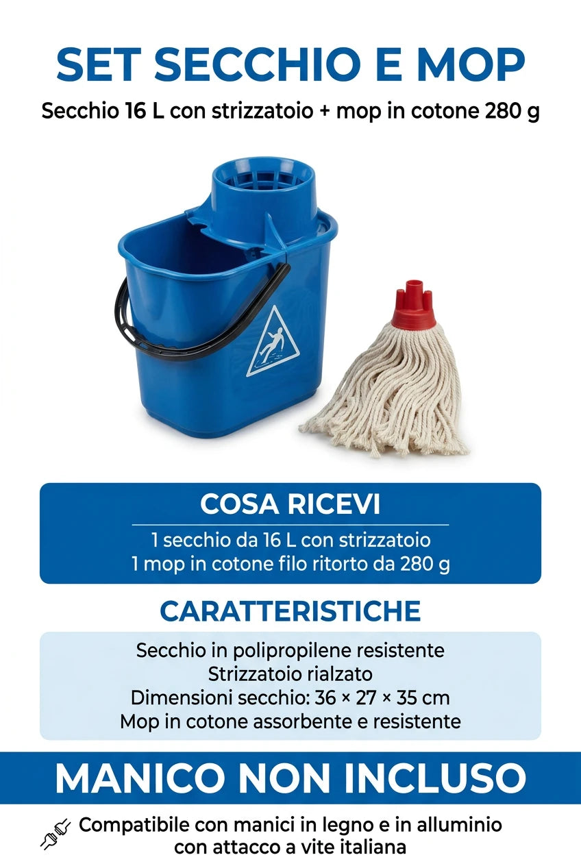 Set Secchio Mocio 16 L con Strizzatoio e Mop in Cotone Filo Ritorto 280 g