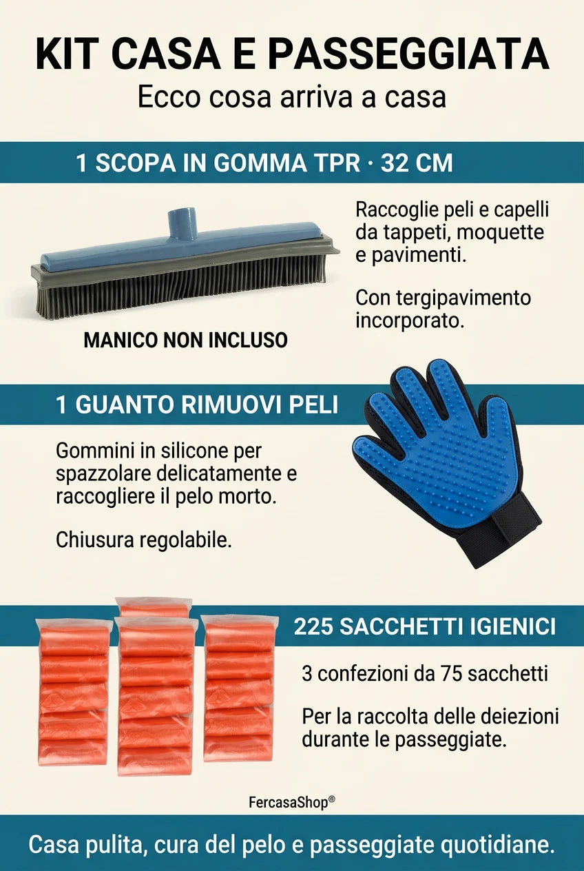 Set Casa e Passeggiata per Cani – Scopa in Gomma, Guanto Rimuovi Peli e 225 Sacchetti Igienici per cani