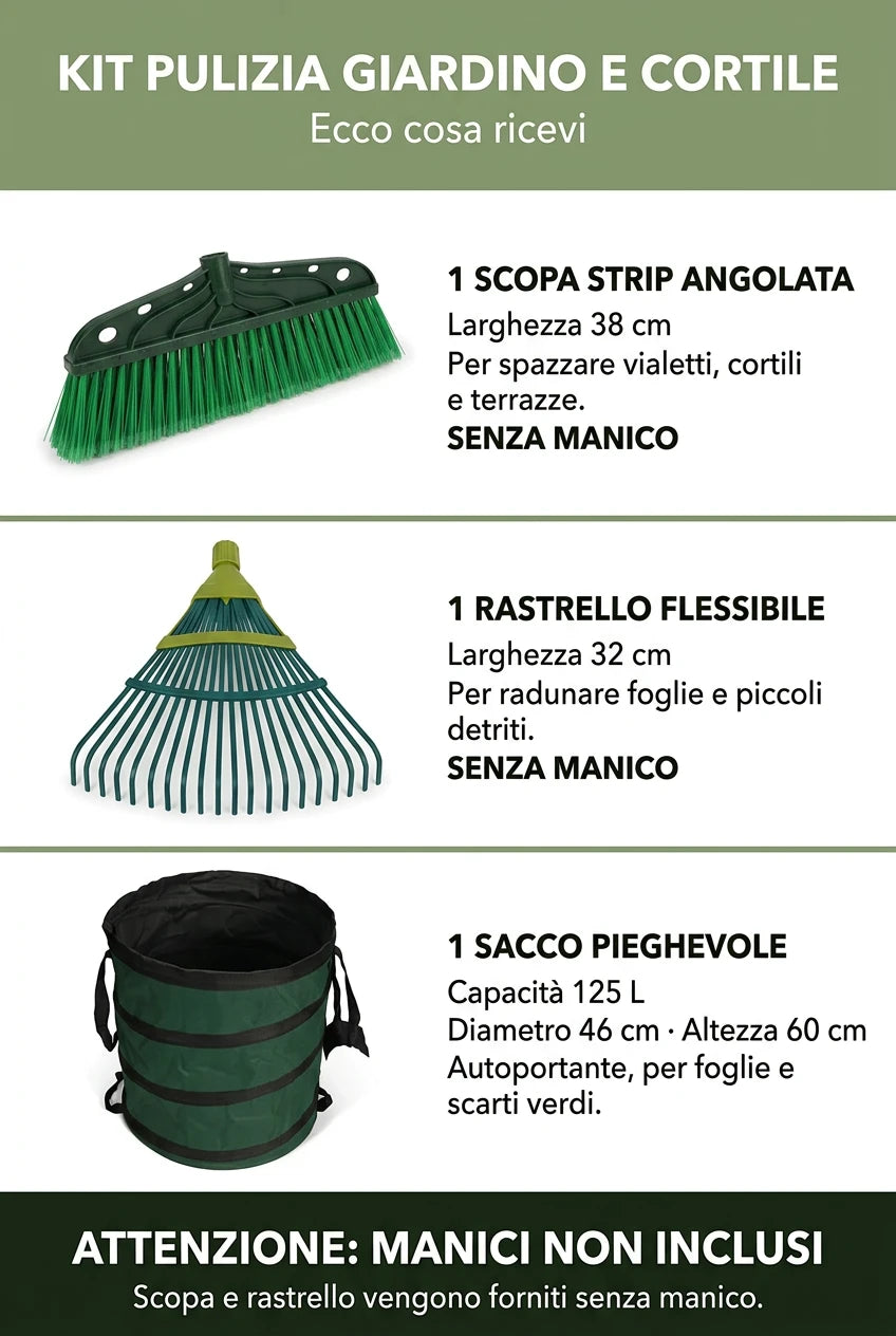 Set Pulizia Giardino e Cortile con Sacco Pieghevole 125 L, Rastrello Flessibile 32 cm e Scopa Strip 38 cm