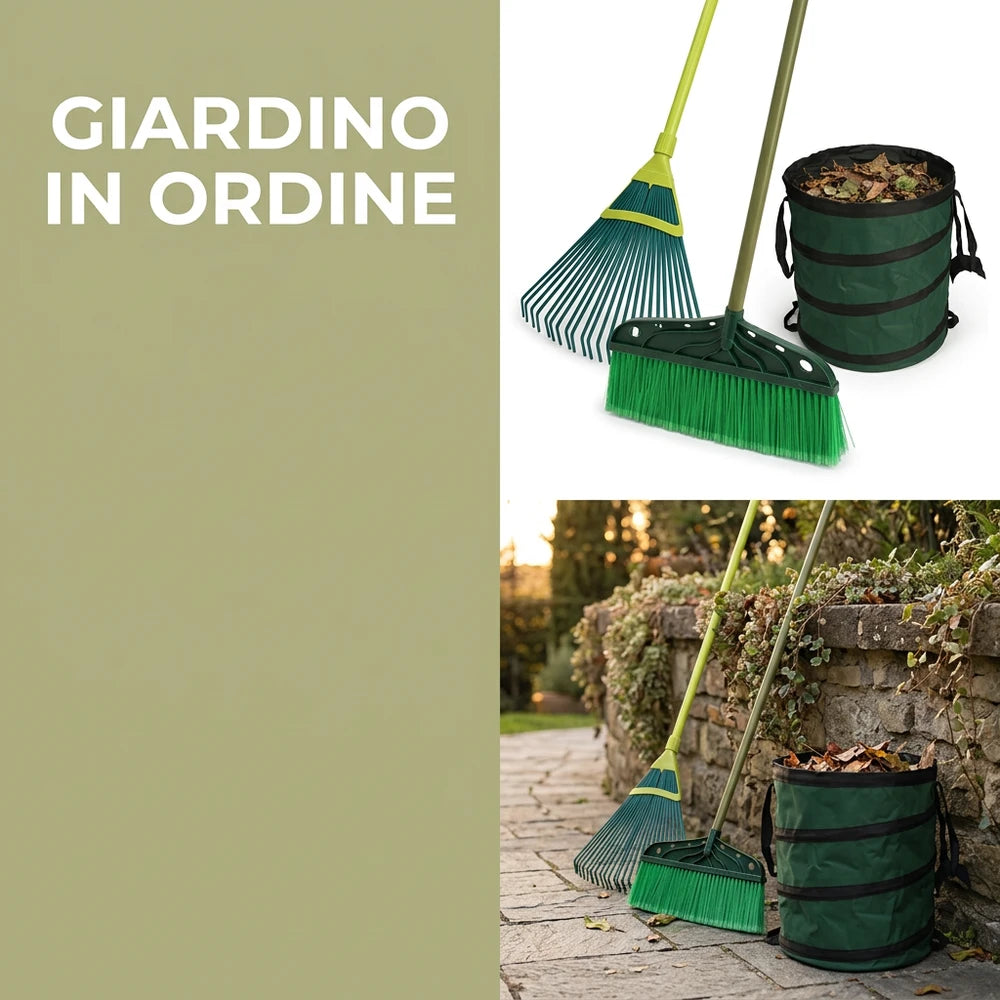 Set Pulizia Giardino e Cortile con Sacco Pieghevole 125 L, Rastrello Flessibile 32 cm e Scopa Strip 38 cm