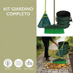 Set Pulizia Giardino e Cortile con Sacco Pieghevole 125 L, Rastrello Flessibile 32 cm e Scopa Strip 38 cm