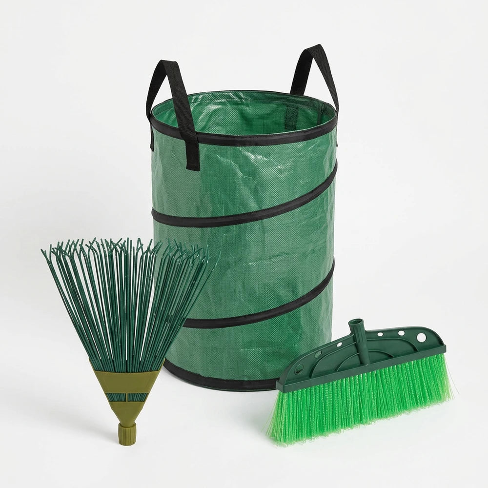 Set Pulizia Giardino e Cortile con Sacco Pieghevole 125 L, Rastrello Flessibile 32 cm e Scopa Strip 38 cm