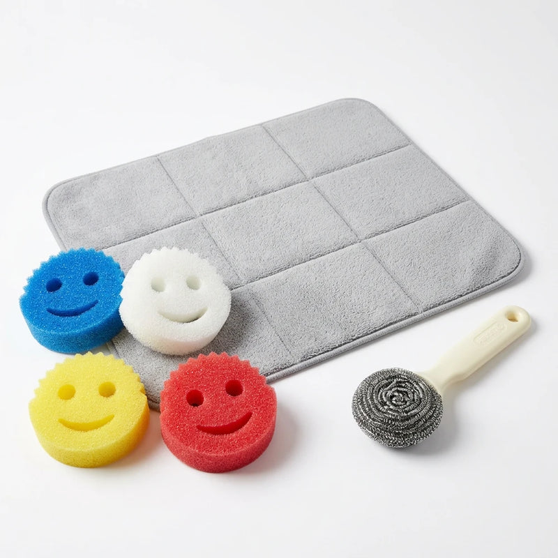 Set Cucina Lava e Asciuga con 4 Spugne Scrubby Smile, Scopinox e Tappetino Scolapiatti 40 × 50 cm