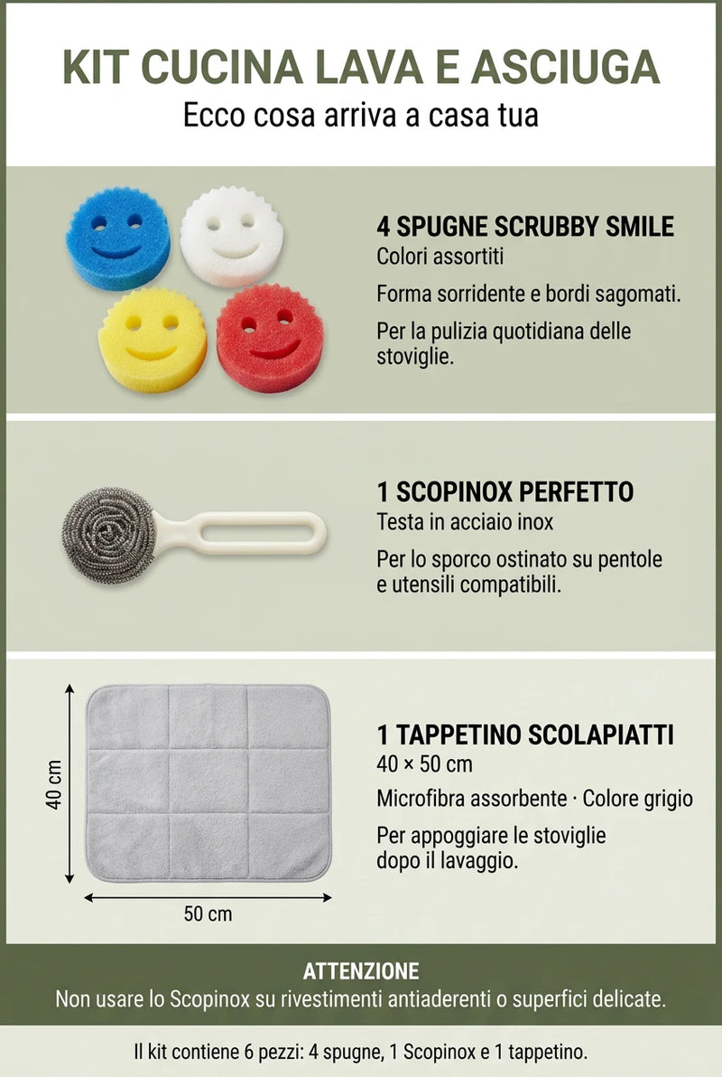 Set Cucina Lava e Asciuga con 4 Spugne Scrubby Smile, Scopinox e Tappetino Scolapiatti 40 × 50 cm