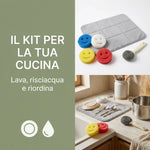 Set Cucina Lava e Asciuga con 4 Spugne Scrubby Smile, Scopinox e Tappetino Scolapiatti 40 × 50 cm