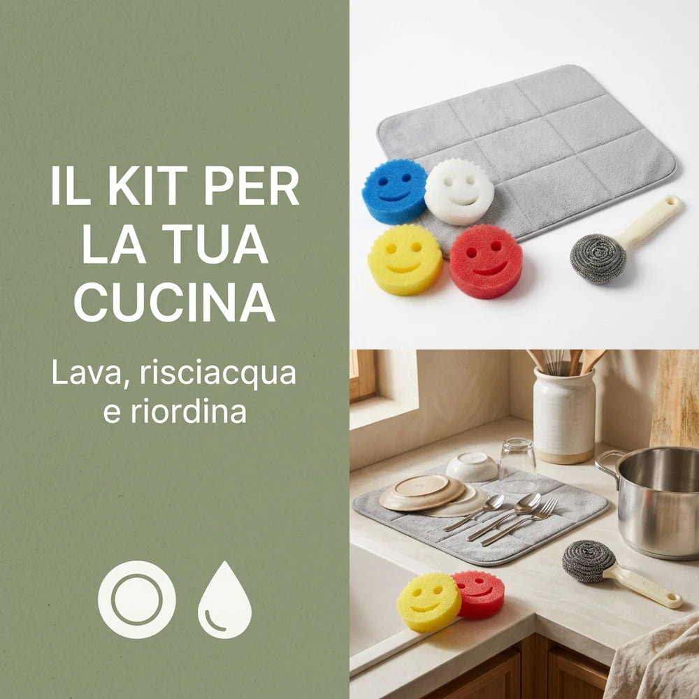 Set Cucina Lava e Asciuga con 4 Spugne Scrubby Smile, Scopinox e Tappetino Scolapiatti 40 × 50 cm