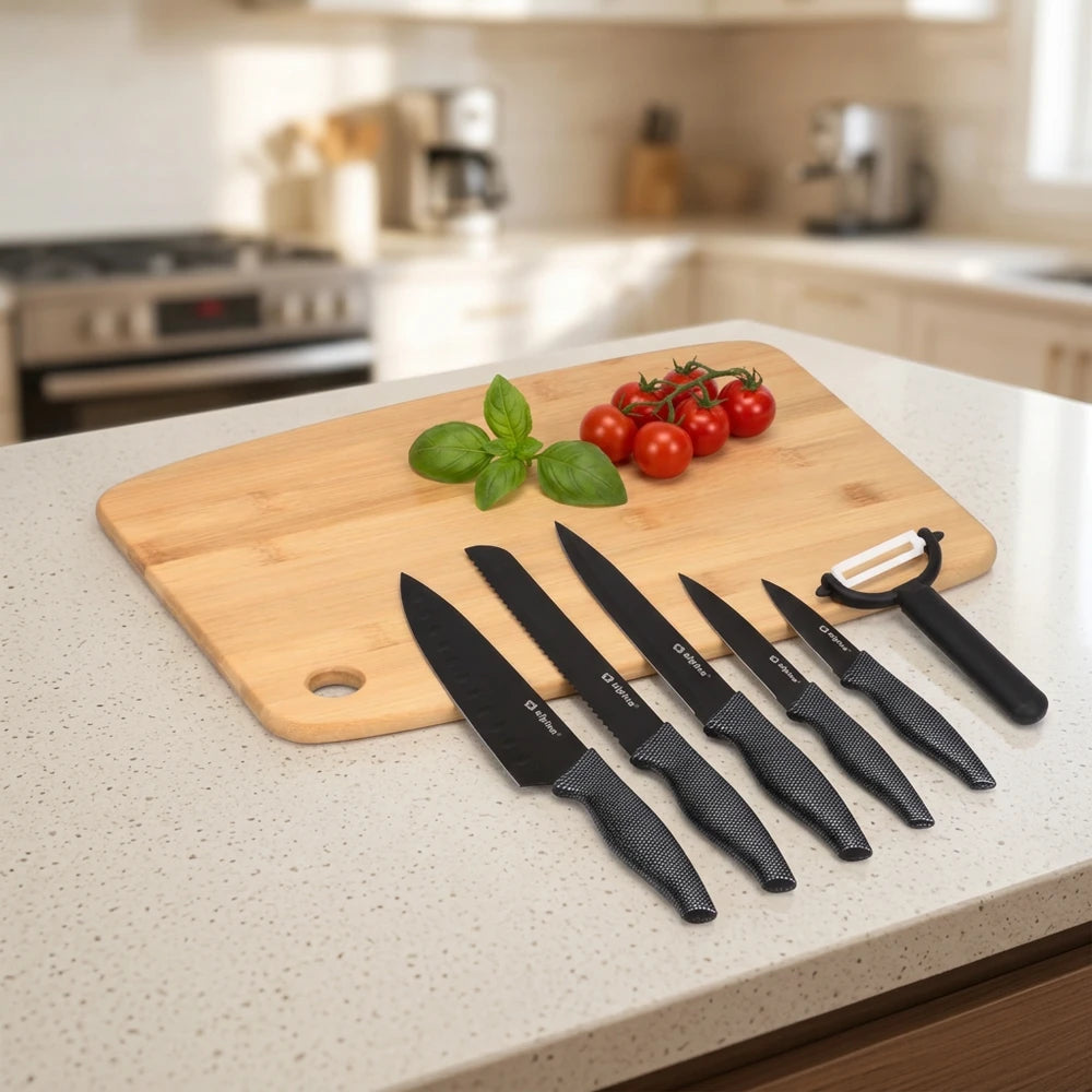 Set Preparazione Cucina Alpina con Tagliere in Bambù 30×23 cm, Set Coltelli e Pelapatate