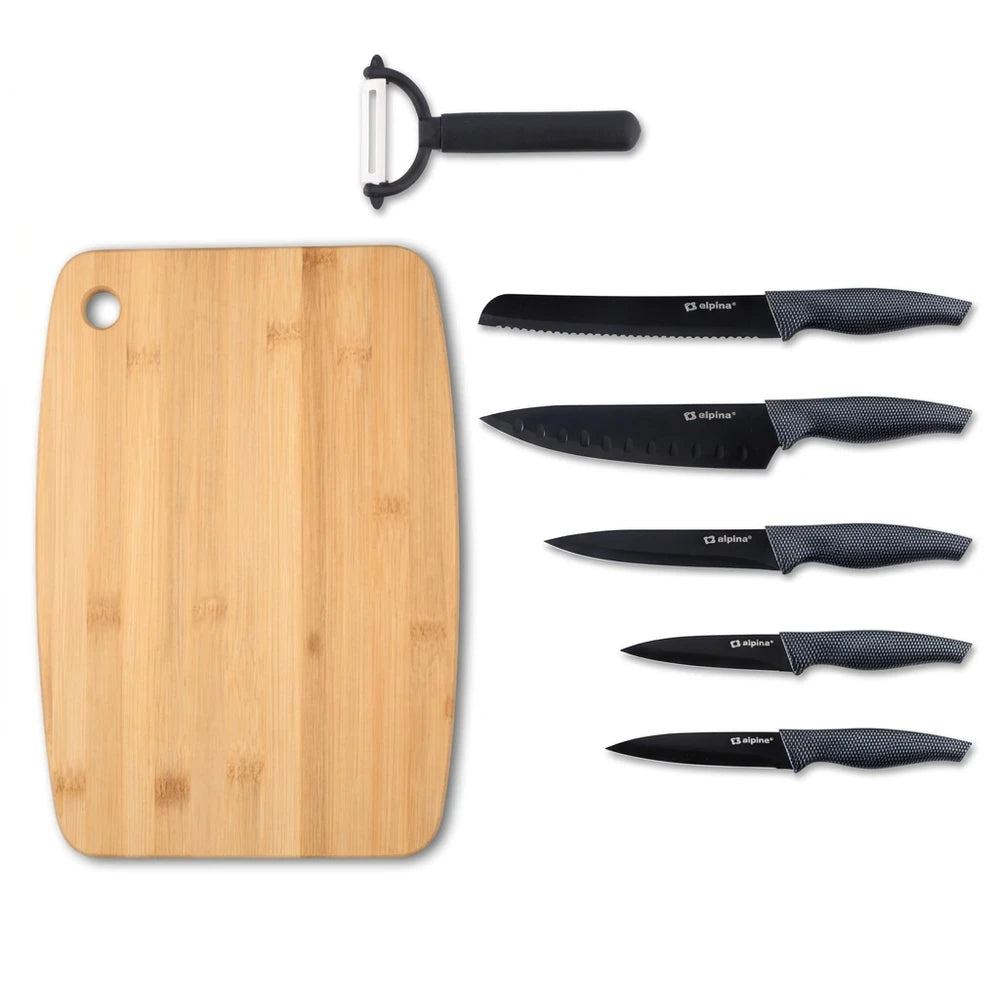 Set Preparazione Cucina Alpina con Tagliere in Bambù 30×23 cm, Set Coltelli e Pelapatate