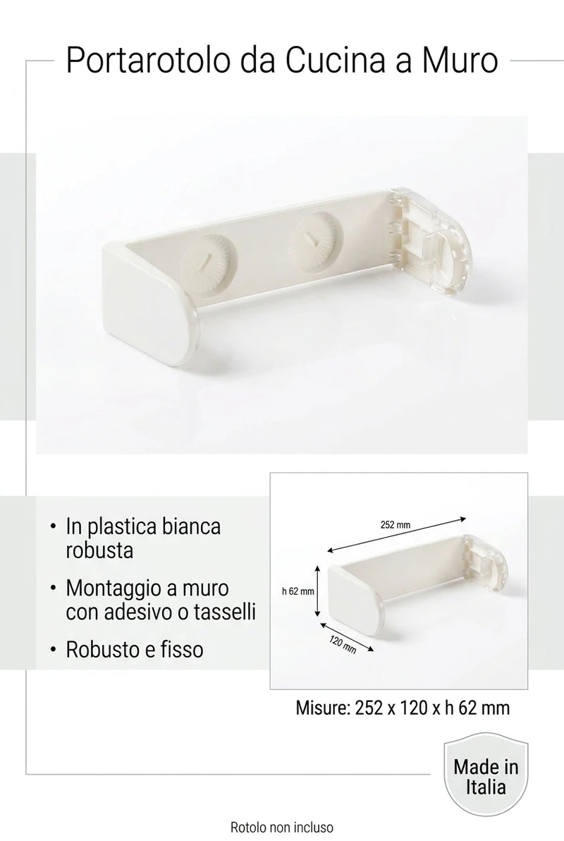 Portarotolo da Cucina a Muro per Carta Assorbente, in Plastica Bianca, Montaggio con Adesivo Made In Italy