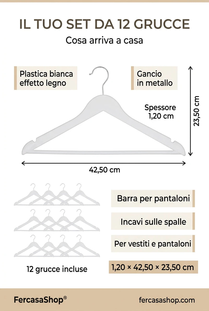 Set 12 Grucce Appendiabiti in Plastica Bianca 42,5 cm per Vestiti e Pantaloni