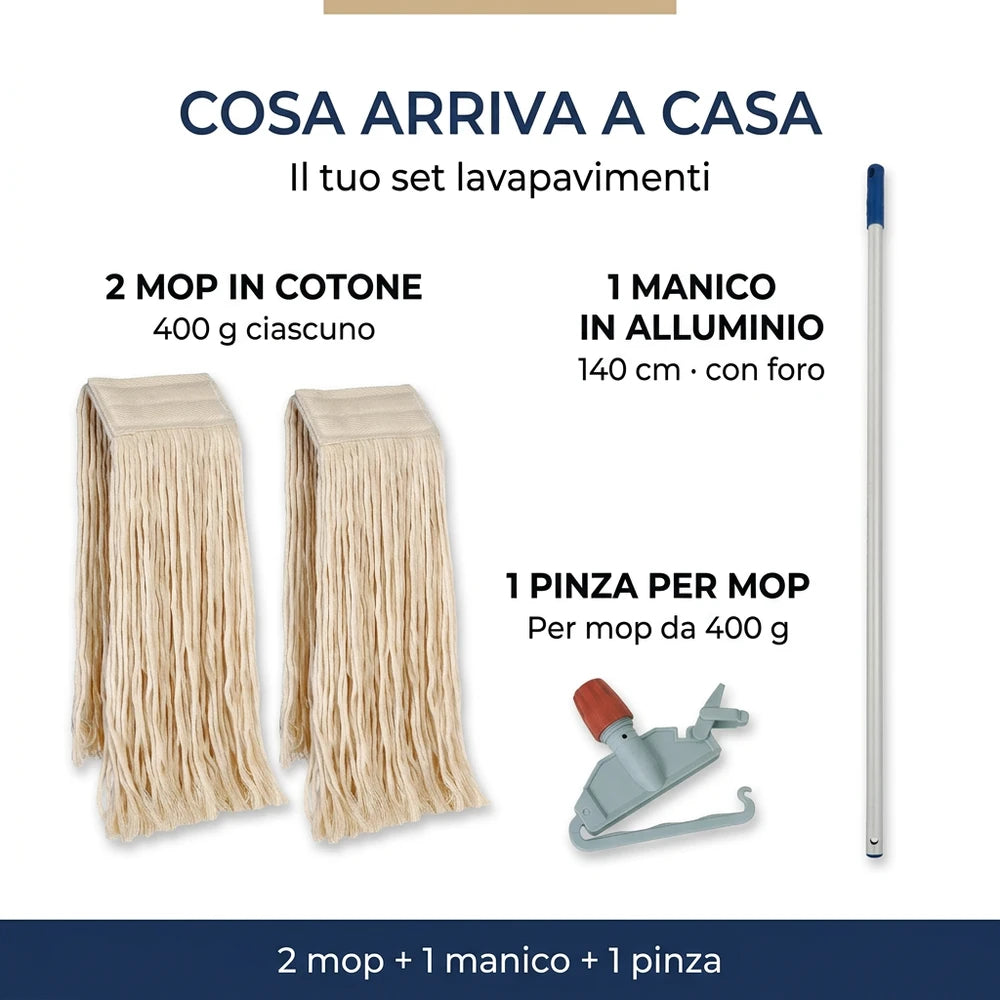 Set Mop Lavapavimenti Professionale: 2 Mop in Cotone da 400 g, Manico in Alluminio 140 cm e Pinza