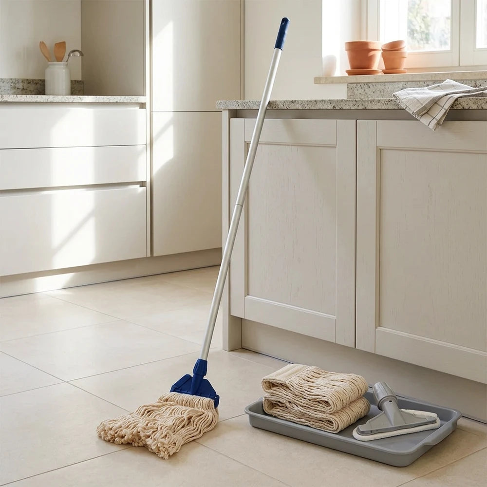 Set Mop Lavapavimenti Professionale: 2 Mop in Cotone da 400 g, Manico in Alluminio 140 cm e Pinza