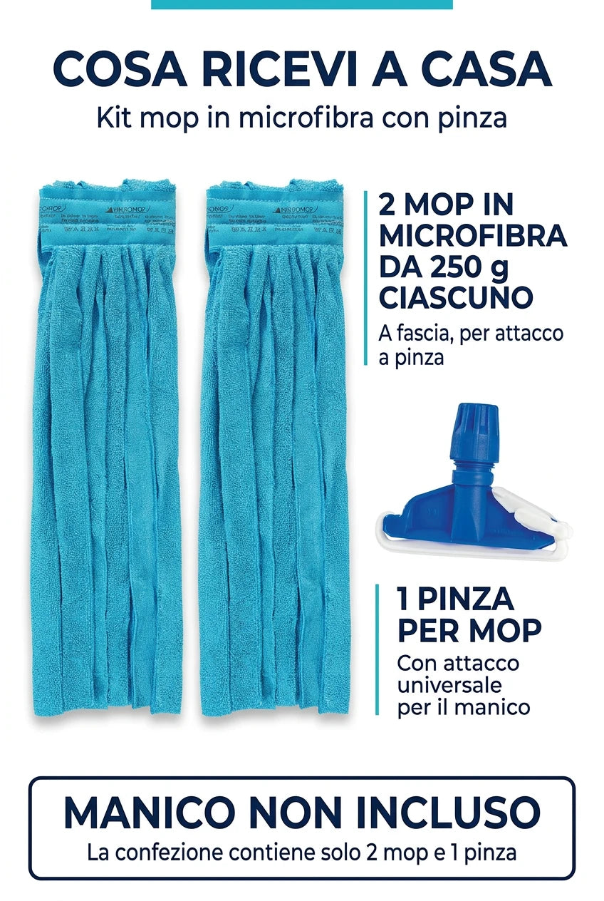 Kit 2 pz ricambio mop in microfibra a fascia gr. 250 + 1 pinza per mop