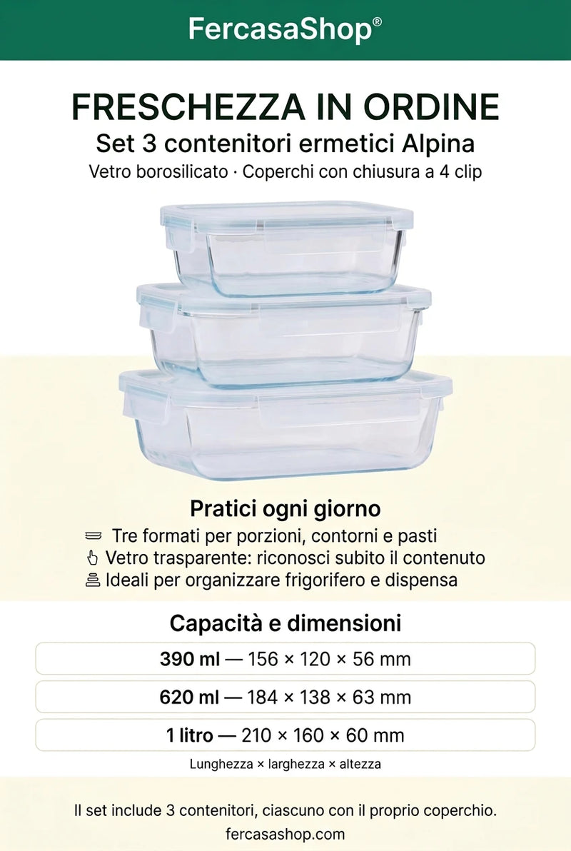 Set 3 Contenitori Ermetici Alpina in Vetro Borosilicato con Coperchi – 390 ml, 620 ml e 1 L