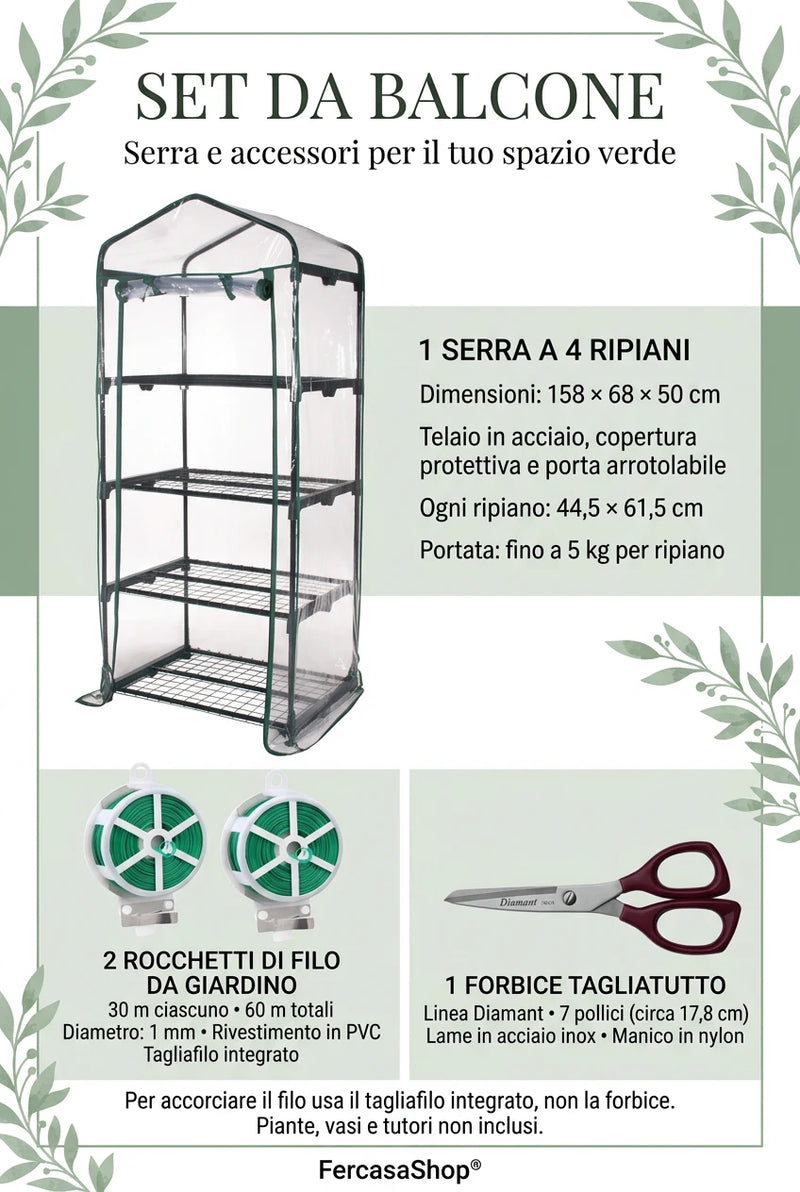 Kit Serra da Balcone a 4 Ripiani con Filo da Giardino e Forbice in Acciaio