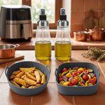 Kit Friggitrice ad Aria con 2 Dosatori Spray 350 ml e 2 Cestelli in Silicone Rotondo e Quadrato