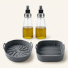 Kit Friggitrice ad Aria con 2 Dosatori Spray 350 ml e 2 Cestelli in Silicone Rotondo e Quadrato