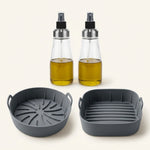 Kit Friggitrice ad Aria con 2 Dosatori Spray 350 ml e 2 Cestelli in Silicone Rotondo e Quadrato