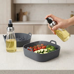 Kit Friggitrice ad Aria con 2 Dosatori Spray 350 ml e 2 Cestelli in Silicone Rotondo e Quadrato