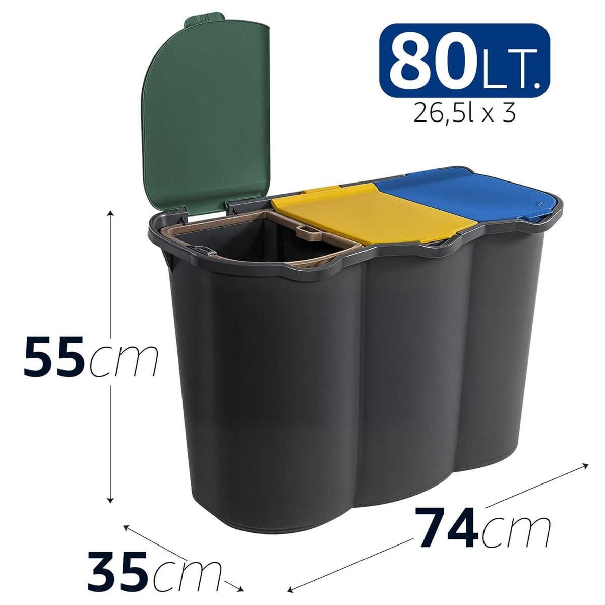 Pattumiera 3 Scomparti 80L Raccolta Differenziata Cucina