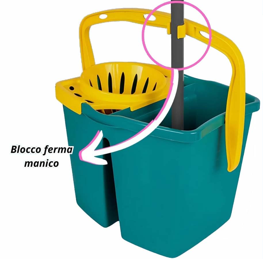 Double-basin bucket with 14-litre wringer. 2 x 7-litre tubs.