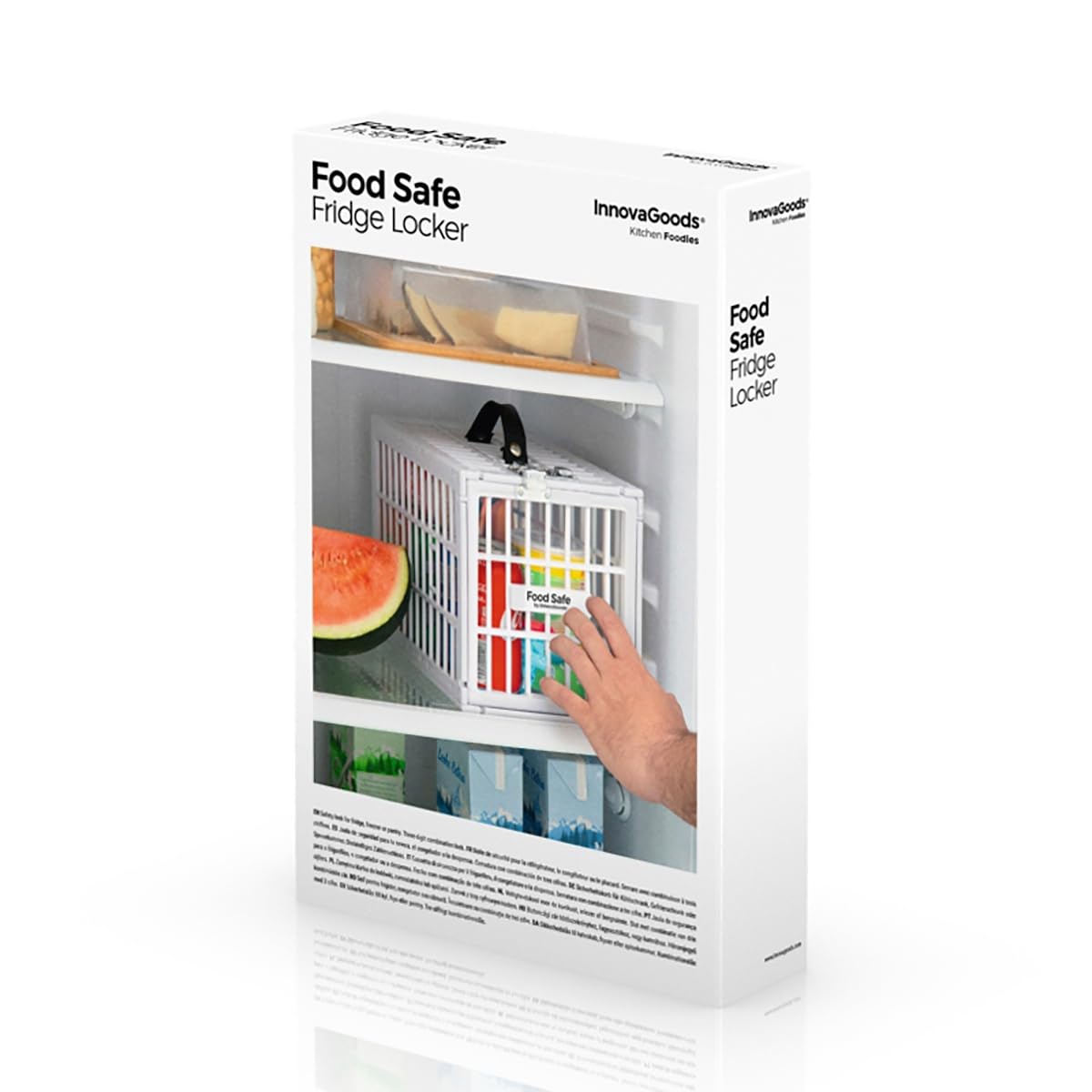 InnovaGoods - Food Safe Refrigerator Safety Cage, Safe Food Storage, Modern and Functional Design, 3-Digit Combination Lock, White, 28 x 19 x 19 cm, Packaging in 24 Languages