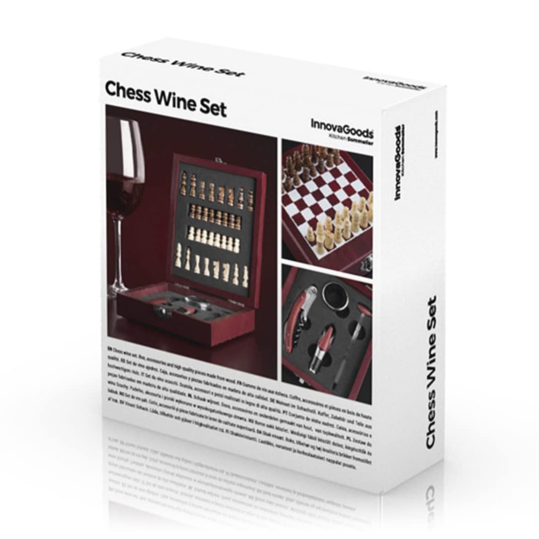 InnovaGoods IG115540 - Kit d'accessoires pour le vin et les échecs : tire-bouchon, bague anti-goutte, bouchon aérateur, thermomètre, marron