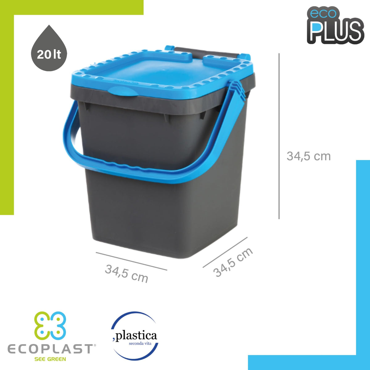 Ecoplast | Set of 20-Liter Waste Bins, Assorted Colors (Yellow/Green/Blue), 34.5 x 34.5 x 34.5 cm, Made in Italy