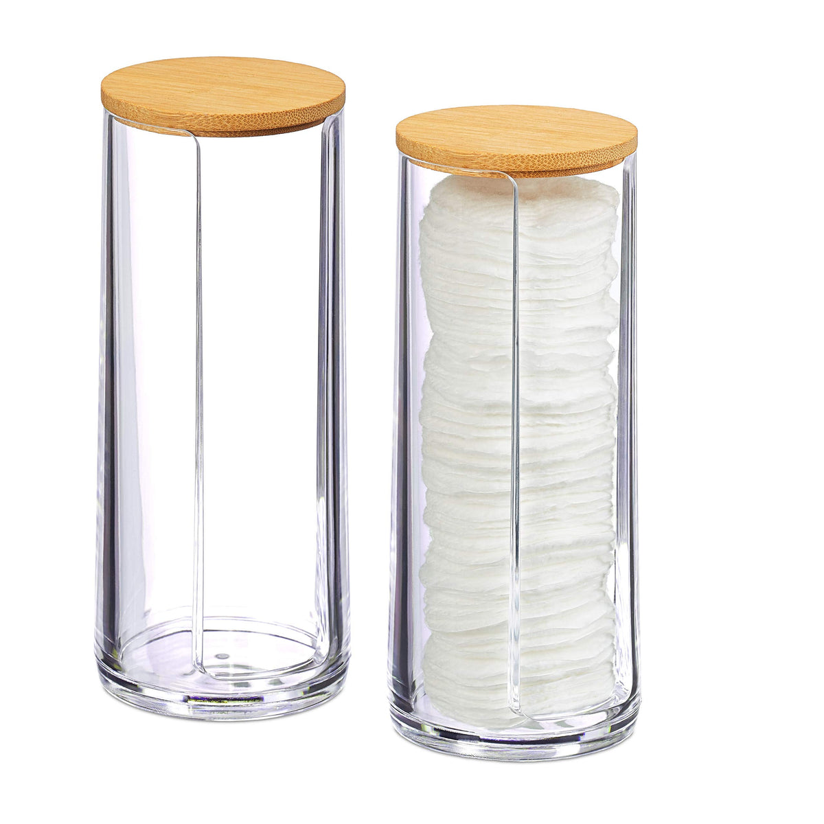 Relaxdays Set of 2 Cotton Pad Dispensers, Acrylic, Cylindrical, with Lid, Bathroom, 20 x 7 cm, Various Colours