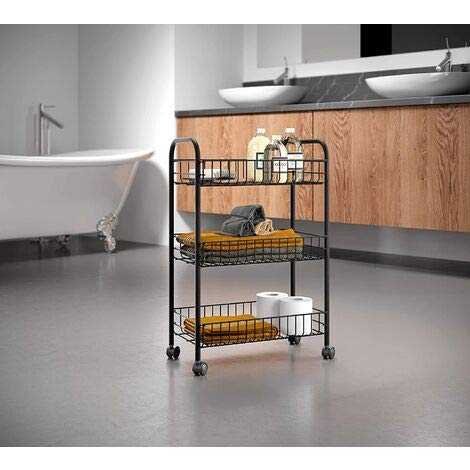 Kitchen Cart Multipurpose Trolley Fruit Holder Vegetable Holder Space-Saving Metal Cart with 3 Rectangular Baskets 4 Wheels 3 Colors 41 x 26 x 64 cm