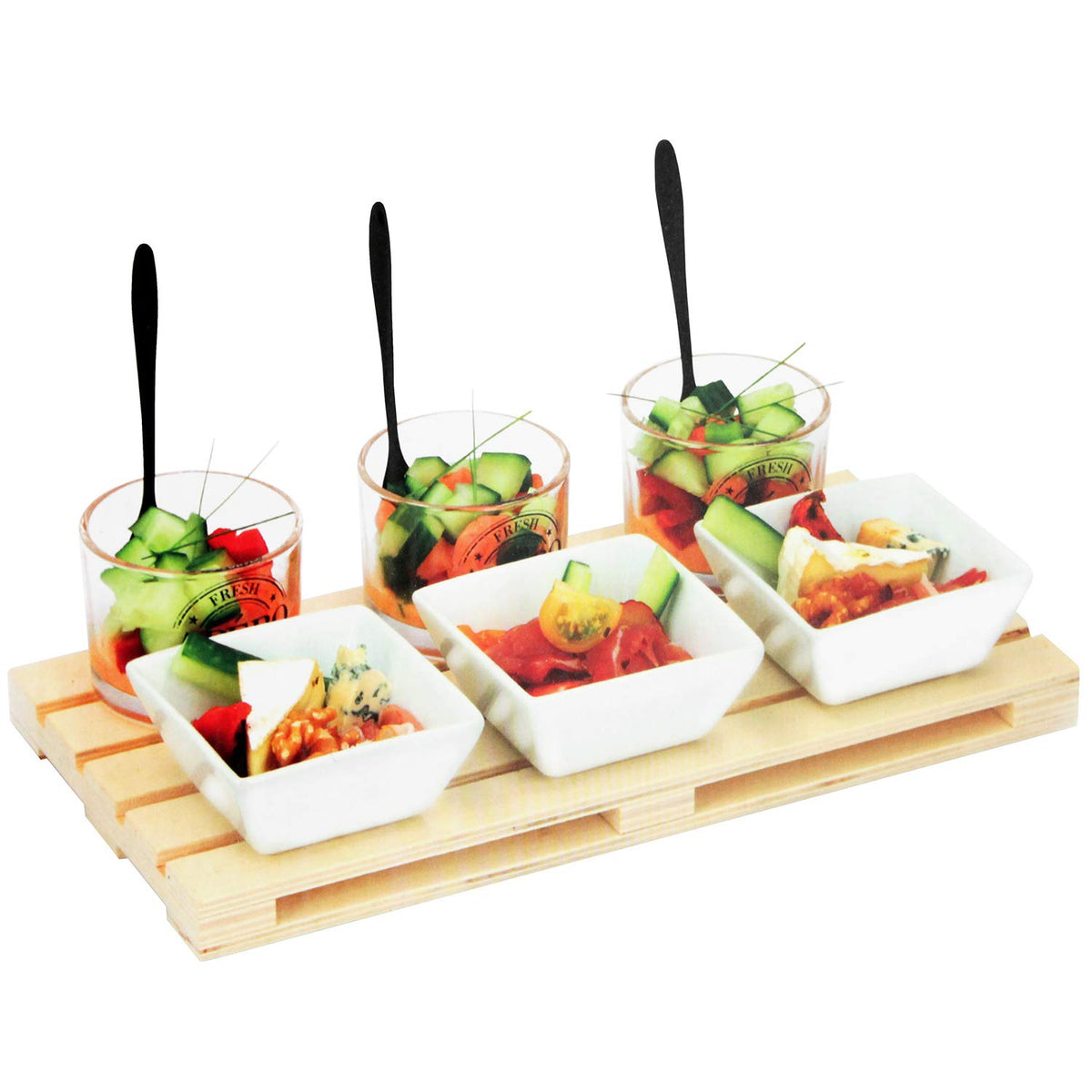EDCO 10-Piece Appetizer Set with Wooden Tray, Glass Cups, Ceramic Bowls and Spoon, Serving Dishes