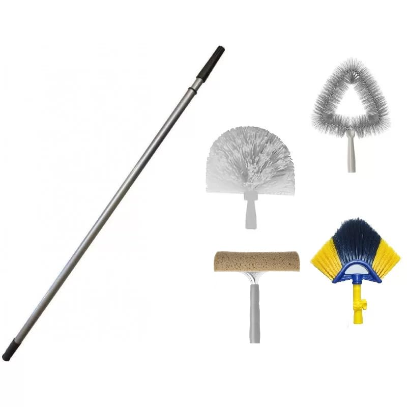 Kit de nettoyage professionnel : tige télescopique en aluminium de 6 mètres + 4 brosses – Toiles d’araignée, plafonds, volets
