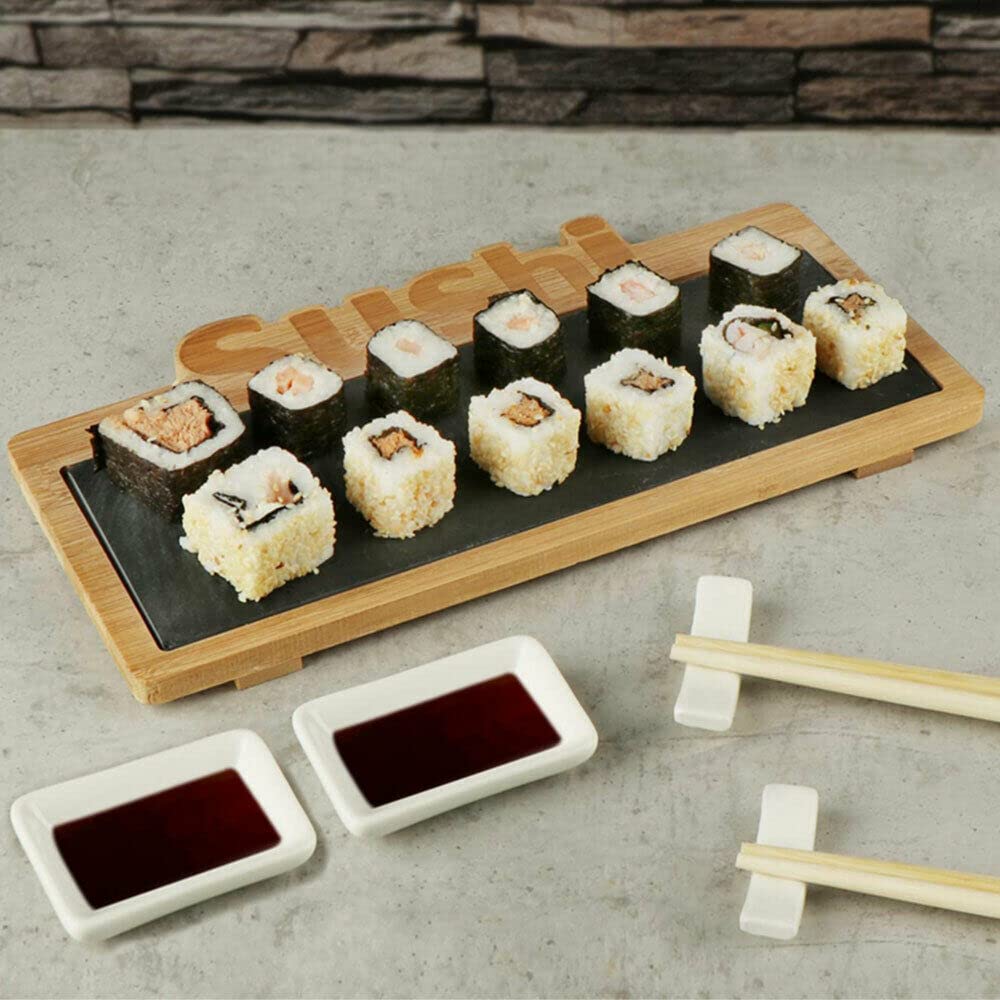 Service à sushis 7 pièces pour 2 personnes : baguettes en bois, bols en céramique, plateau en ardoise