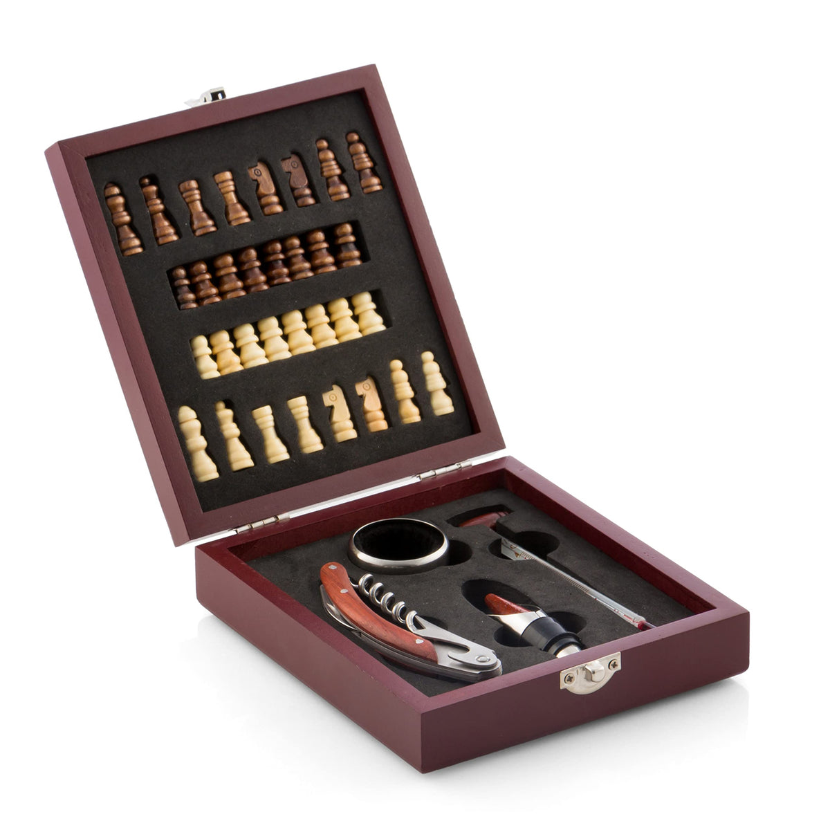 InnovaGoods IG115540 - Kit d'accessoires pour le vin et les échecs : tire-bouchon, bague anti-goutte, bouchon aérateur, thermomètre, marron