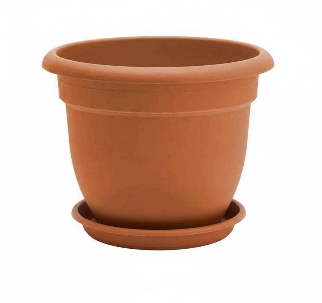 FERCASASHOP Round Plant Pot for Flowers and Plants + Saucer, Terracotta-Colored Plastic, with Drainage Holes, UV Resistant - Outdoor Garden Balcony Terrace, Made in Italy