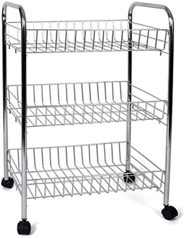 Kitchen Cart Multipurpose Trolley Fruit Holder Vegetable Holder Space-Saving Metal Cart with 3 Rectangular Baskets 4 Wheels 3 Colors 41 x 26 x 64 cm
