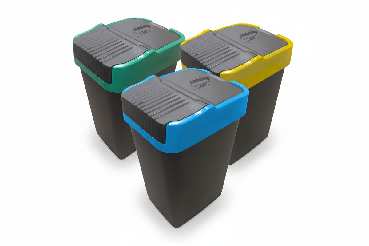EUROXANTY 3-Pack Recycling Bins | Color Recycling Bin | Swing Lid | Rigid PVC | Rectangular Design | 25 x 32 x 45 35 L