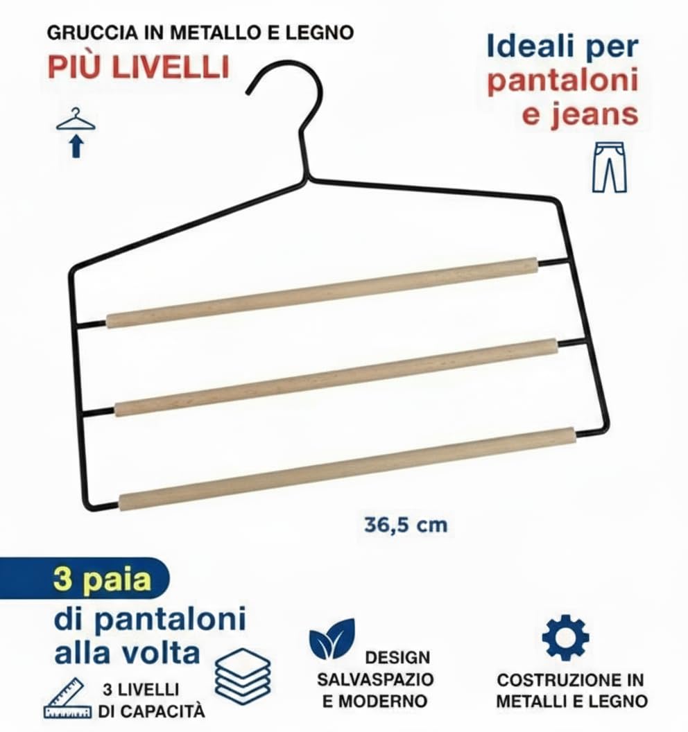 Gruccia Portapantaloni 3 Livelli 36cm Metallo Legno Armadio