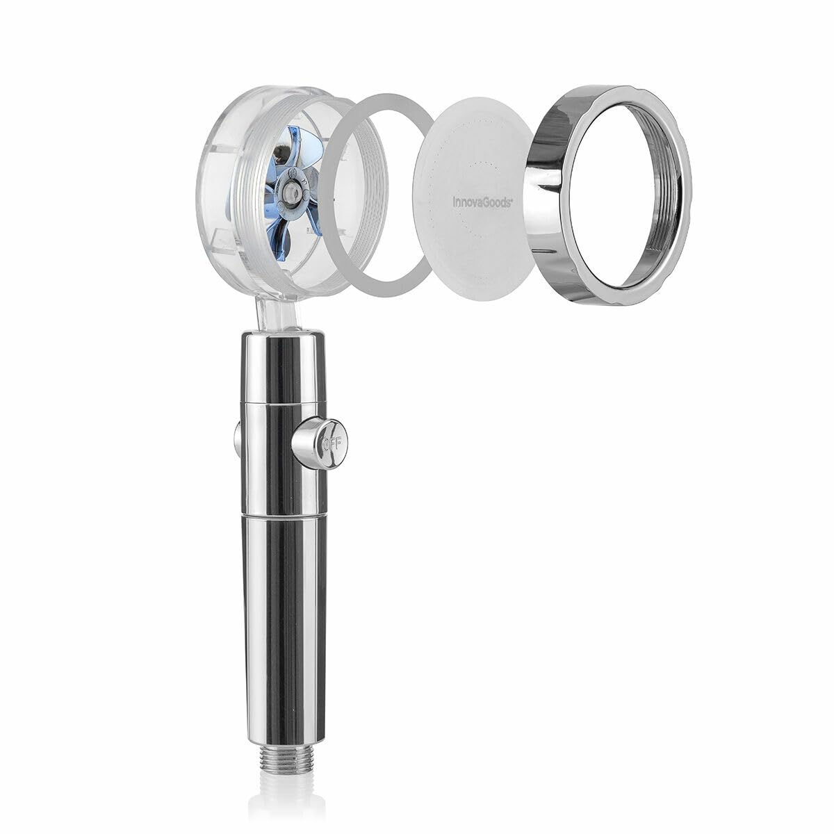 Douchette Heliwer, technologie de filtration Eco avec hélice de pression et filtre purificateur, économise l'eau et l'énergie, design compact et élégant, idéal pour la salle de bain.