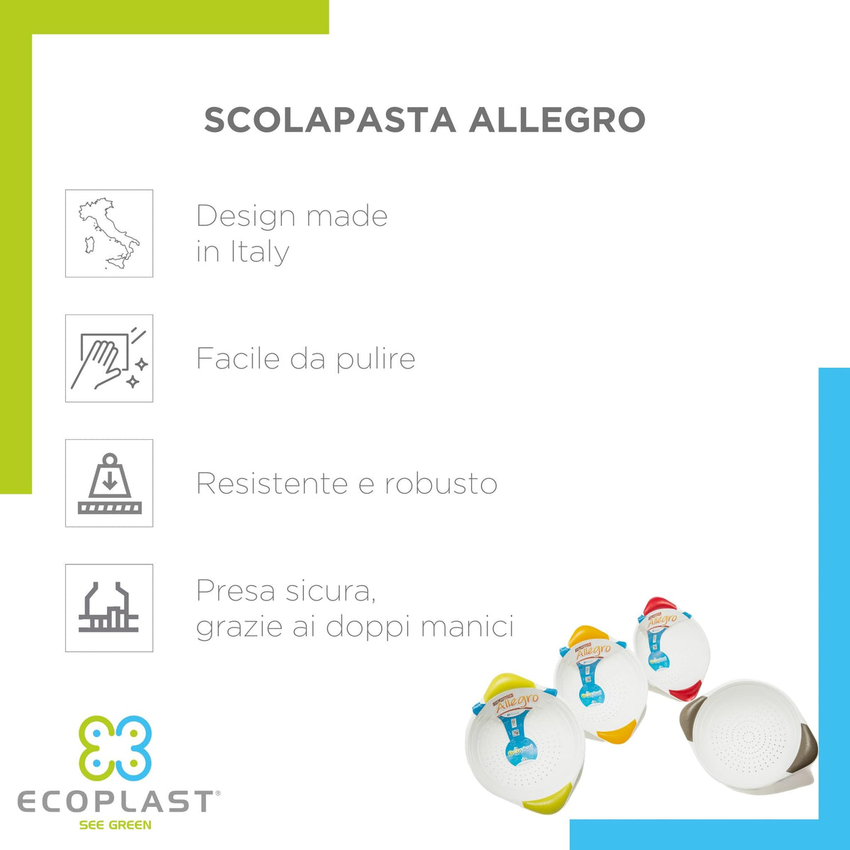 Ecoplast | Allegro Colander ø26.5, Plastic Colander with Handles, Assorted Colors: Green/Red/Dove Grey/Tangerine, Made in Italy