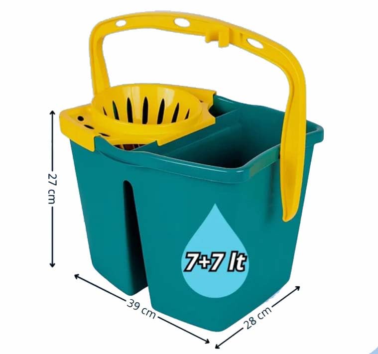 Double-basin bucket with 14-litre wringer. 2 x 7-litre tubs.