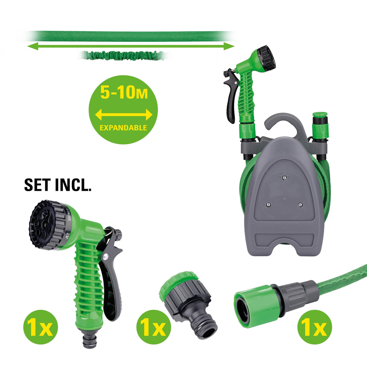 Tubo da Giardino Estensibile Kinzo 5-10 m con Pistola 7 Getti e Supporto