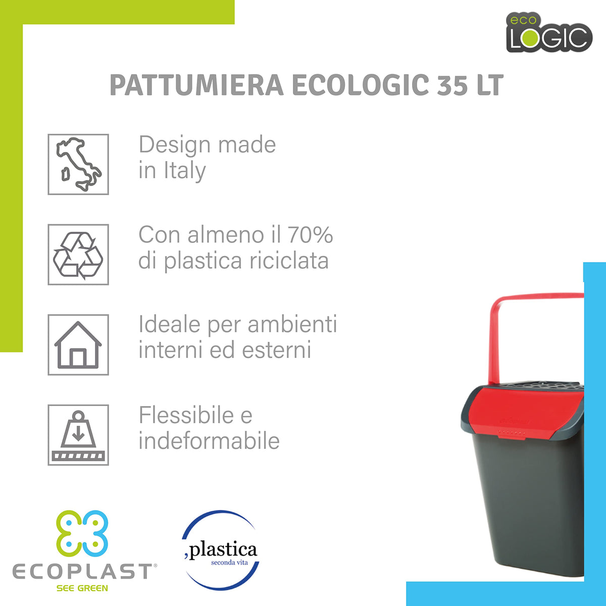 Poubelle Ecoplast 35L - Ouverture type livre - Fabriquée en Italie