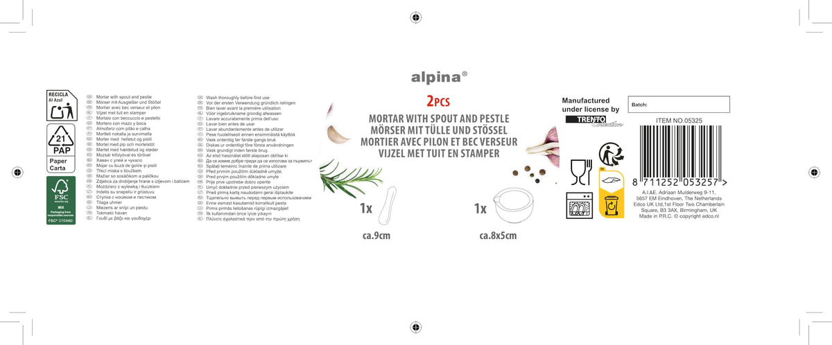 Alpina - Mortar and Pestle Grinder, White Porcelain, 8.5 cm