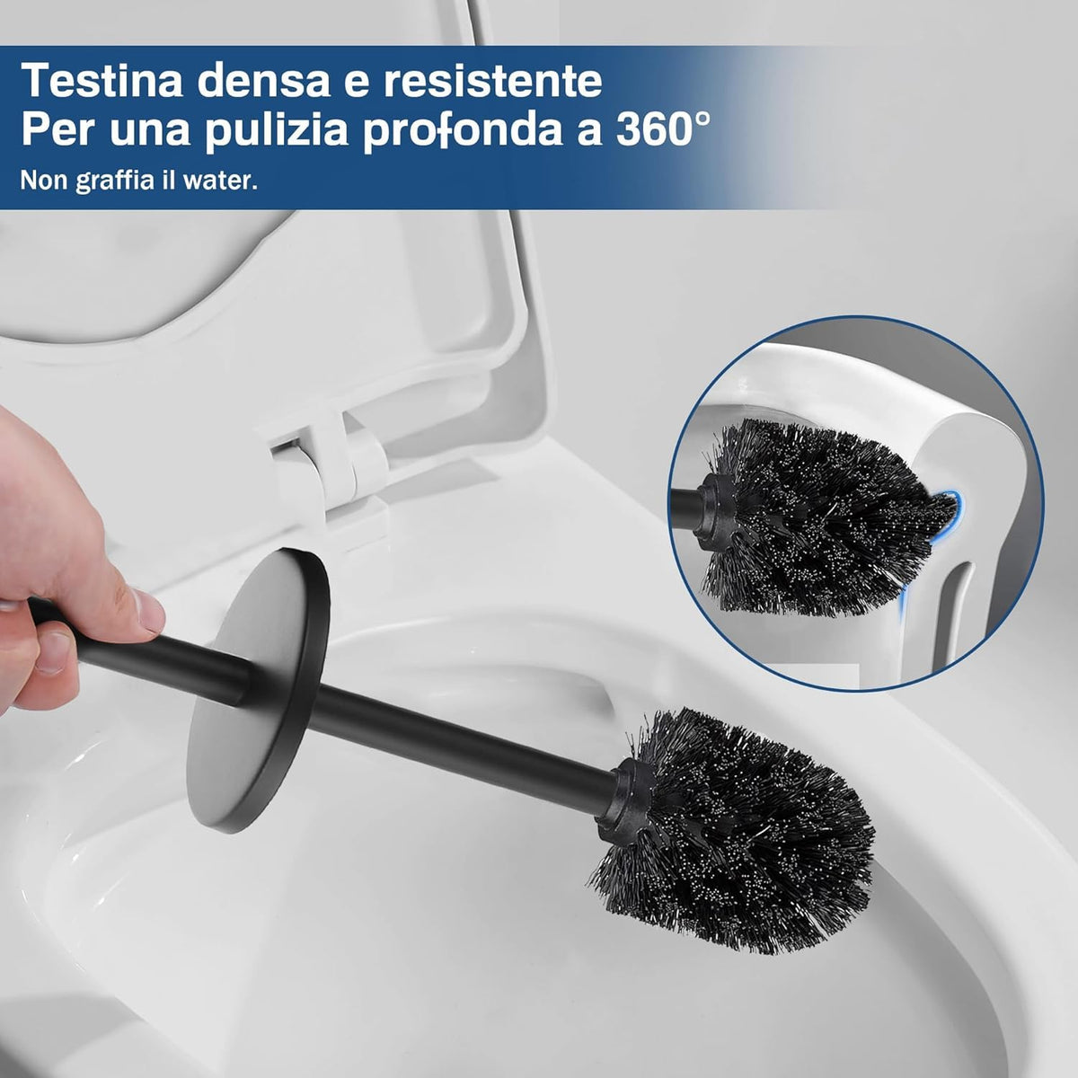Fercasashop Floor-standing toilet brush holder in satin-finish metal - Black with scratch-resistant black bristle brush