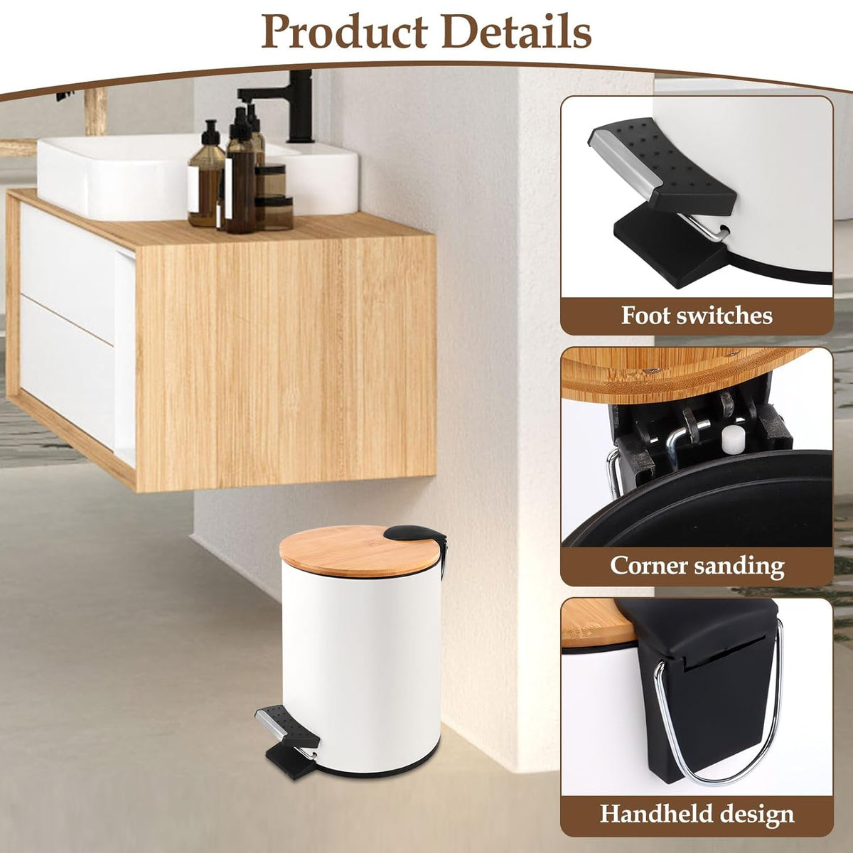 FERCASASHOP® Metal Bathroom Trash Can with Bamboo Lid, 3 Liter Pedal Bin